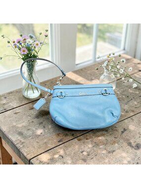 Coach Blue Leather Wristlet Small Pouch Zip Top Mini Bag Y2K Handbag Silver